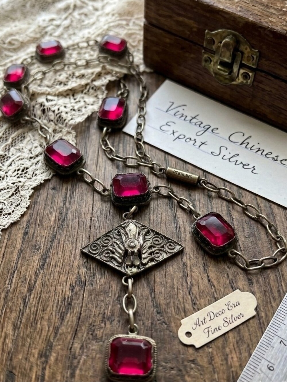 🌙Antique Chinese Export Sterling Silver Y Drop Necklace Red Glass Republic Era